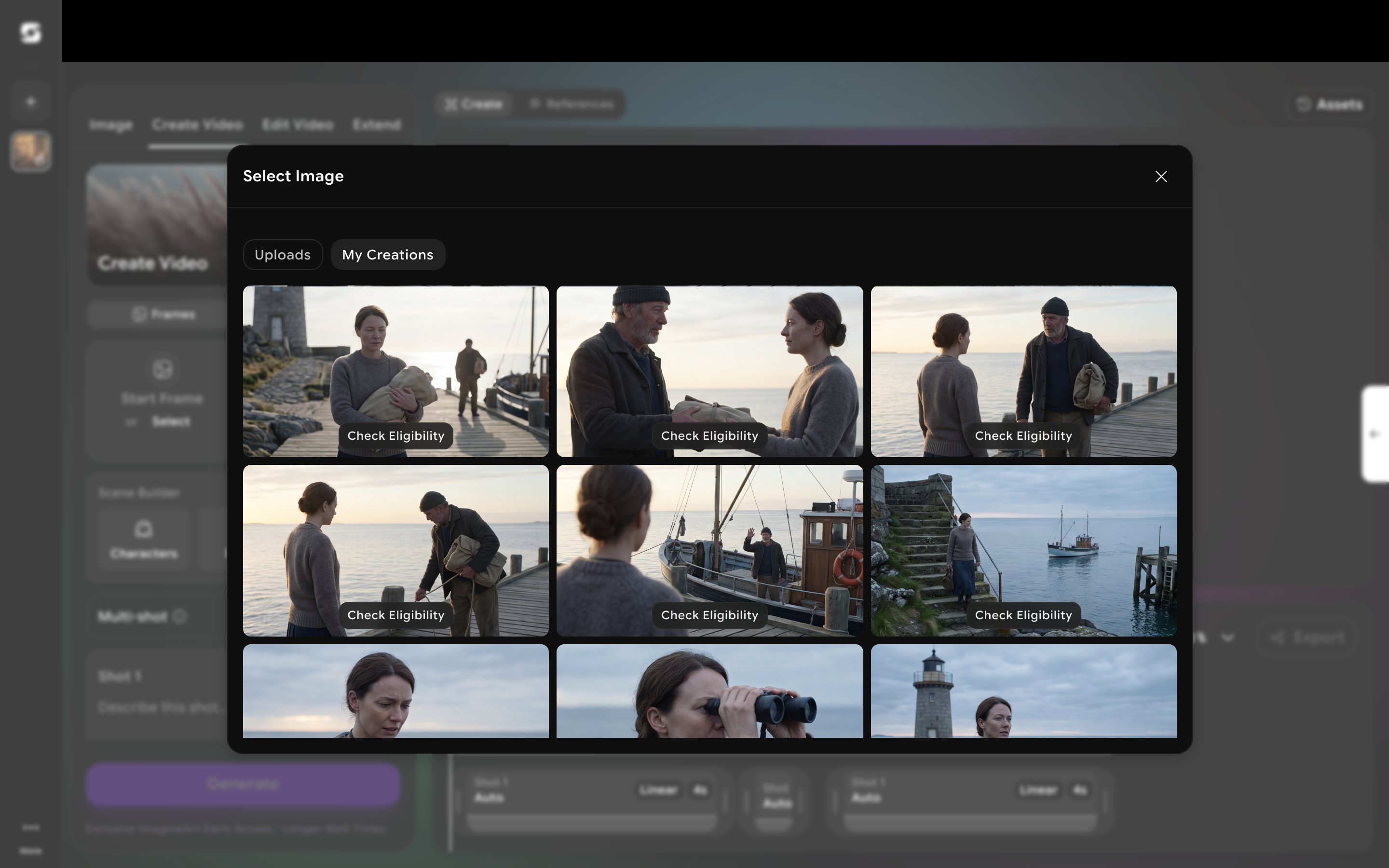 Select Image picker with the My Creations tab showing storyboard frames available to pick as a start frame