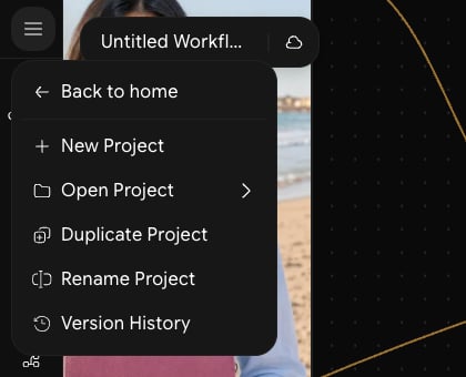Editor menu open in the top-left corner, listing Back to home, New Project, Open Project, Duplicate Project, Rename Project, and Version History