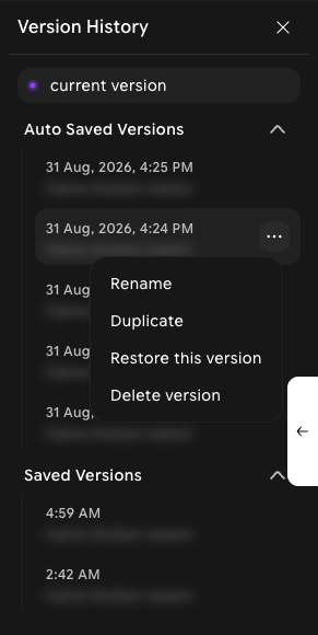 Version History panel with an entry's ⋯ menu open, showing Rename, Duplicate, Restore this version, and Delete version