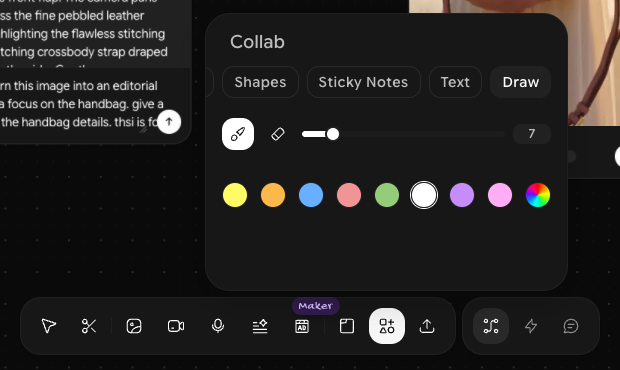 Collab panel open on the Draw tab, showing the pen and eraser icons, a stroke size slider set to 7, and a row of color swatches