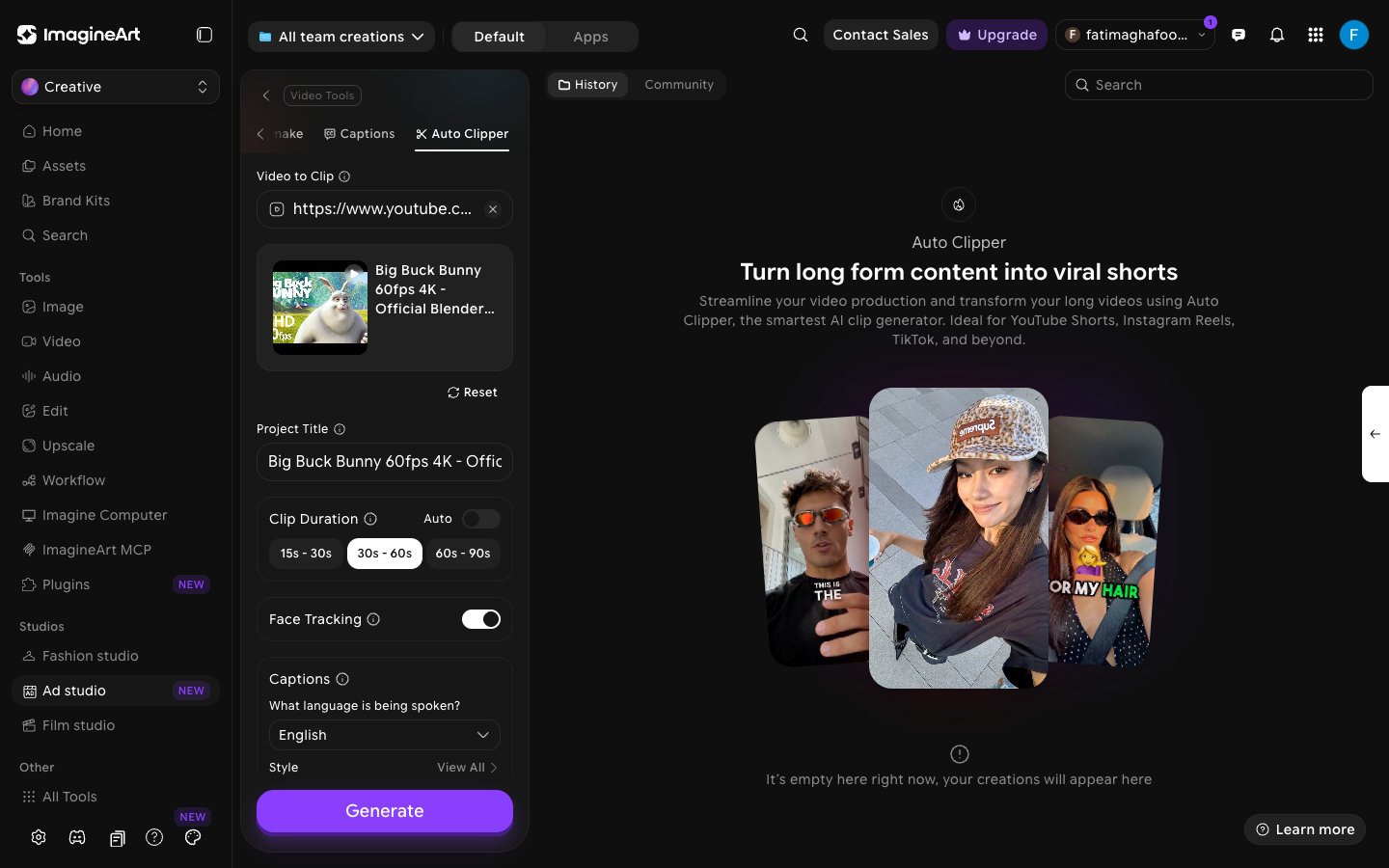 Auto Clipper settings panel with a YouTube video loaded, showing Project Title, Clip Duration set to 30s - 60s, Face Tracking, Captions language and style, and the Generate button