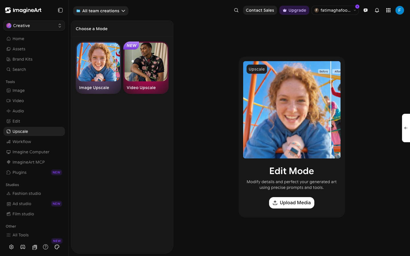 Upscale page Choose a Mode panel with the Image Upscale and Video Upscale cards