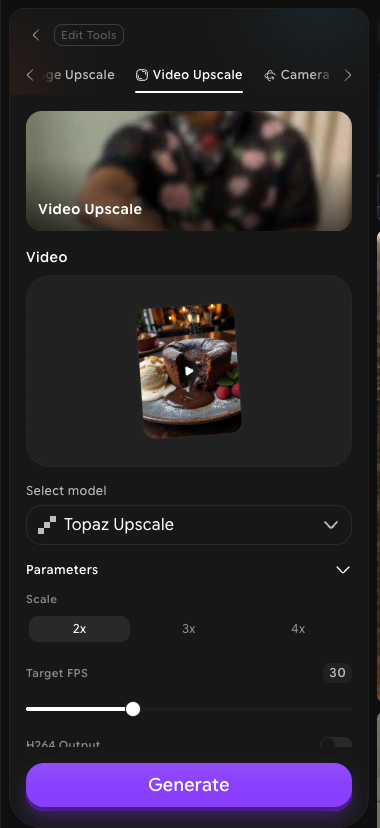 Video Upscale panel with an uploaded video, Topaz Upscale selected, and Scale, Target FPS, and H264 Output parameters