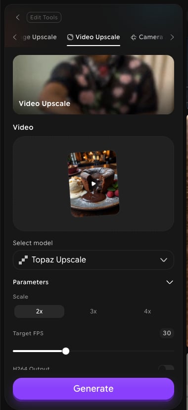 Video Upscale panel with an uploaded video, Topaz Upscale selected, and Scale, Target FPS, and H264 Output parameters