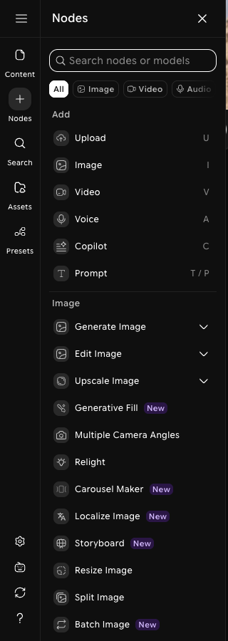 Nodes panel open from the left sidebar, with a search field, category filters, and the Add and Image node lists
