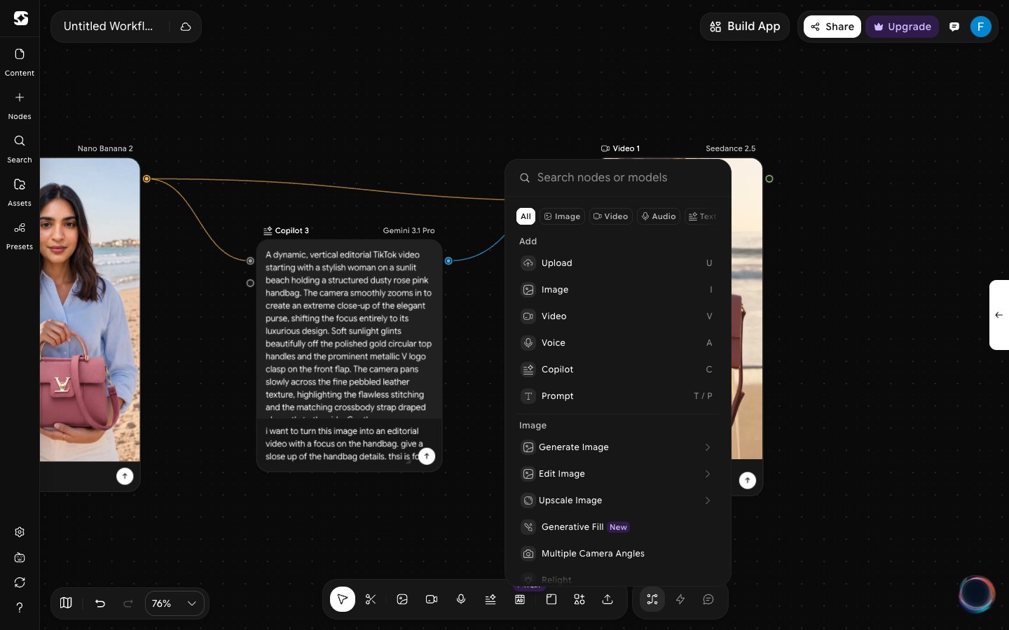 Node library opened on the canvas with the Search nodes or models field, category filters, and Add and Image sections