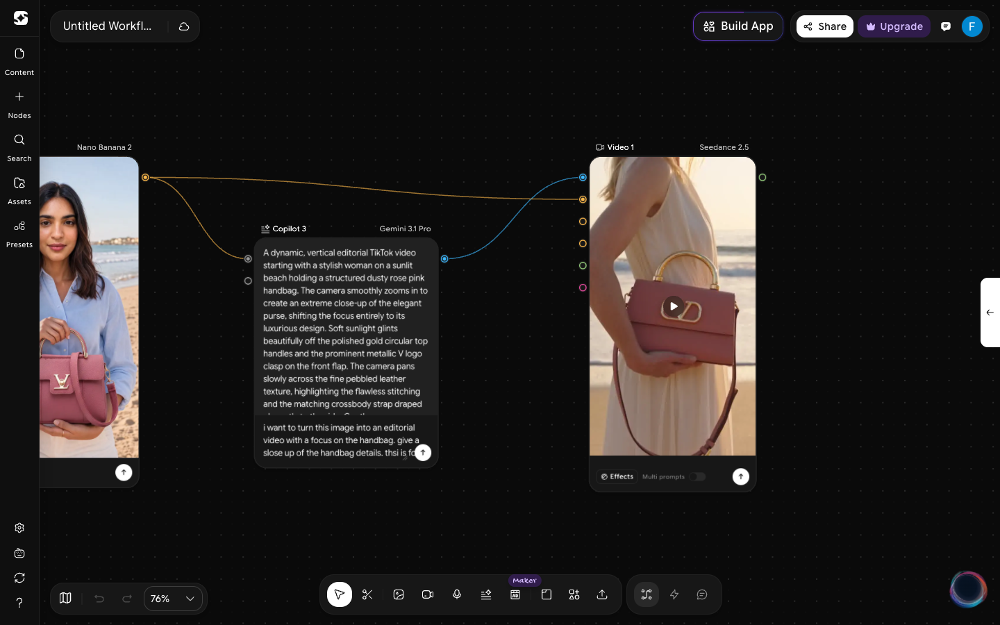 Image, Copilot, and Video nodes on the canvas joined by colored connections between output and input handles