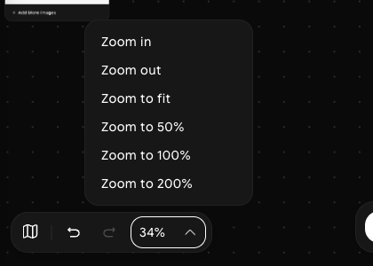 Zoom menu open from the zoom percentage in the bottom-left corner, listing Zoom in, Zoom out, Zoom to fit, and Zoom to 50%, 100%, and 200%