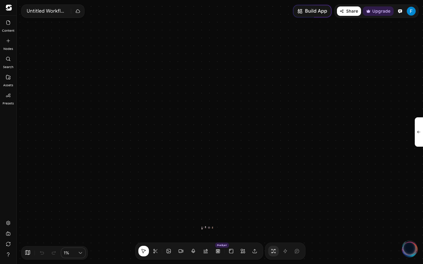 Canvas zoomed out to 1%, with the whole workflow shrunk to a small cluster and the dotted grid still visible