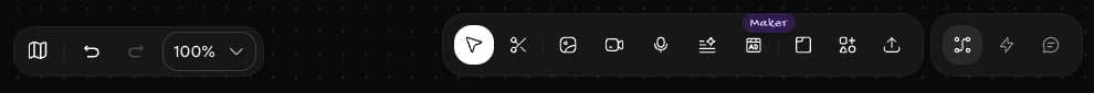 Bottom of the canvas showing the Minimap, undo, redo, and zoom controls on the left, the main toolbar in the center, and the mode switcher on the right