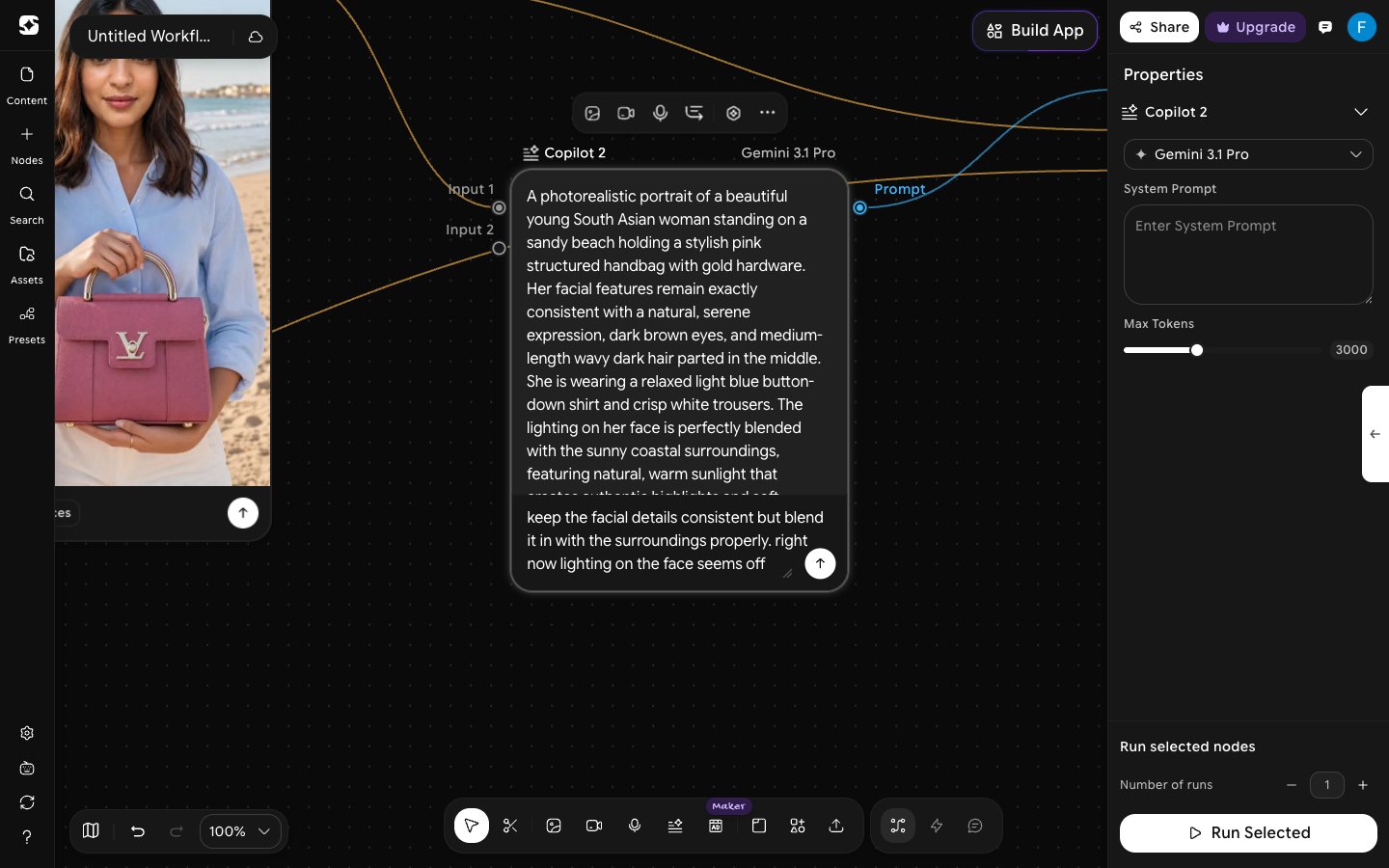 Selected Copilot node with the right sidebar showing Properties, the Gemini 3.1 Pro model, System Prompt, Max Tokens, Number of runs, and Run Selected