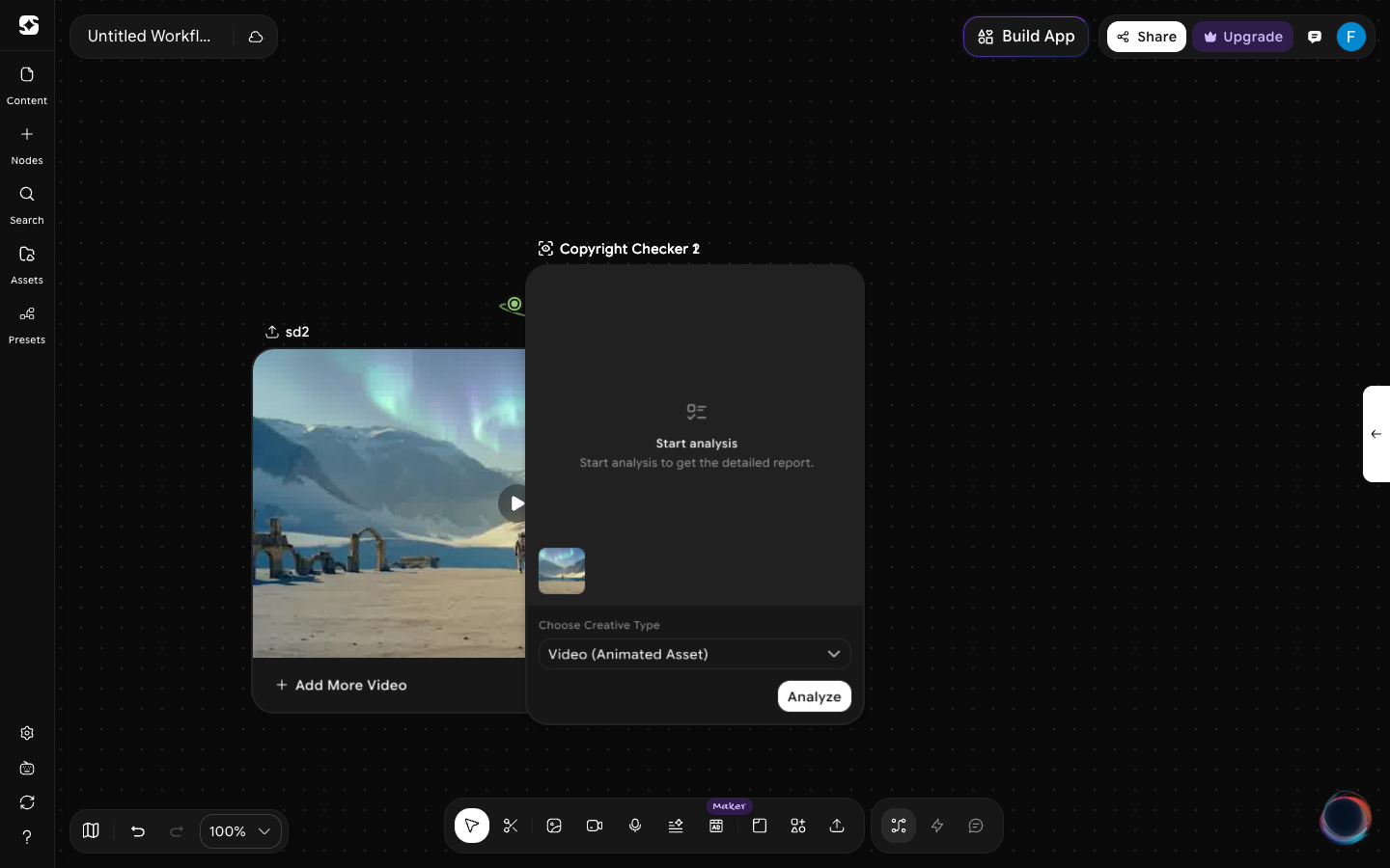 Video Copyright Checker node connected to an uploaded video, showing Start analysis, Choose Creative Type set to Video (Animated Asset), and the Analyze button
