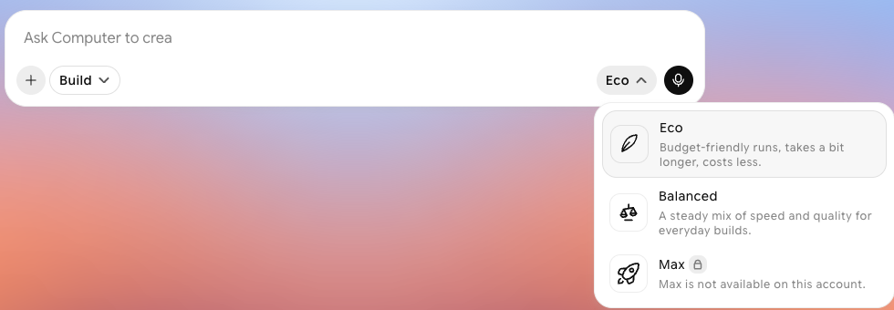 Startup prompt box with the Eco menu open, showing Eco, Balanced, and Max, with Max locked