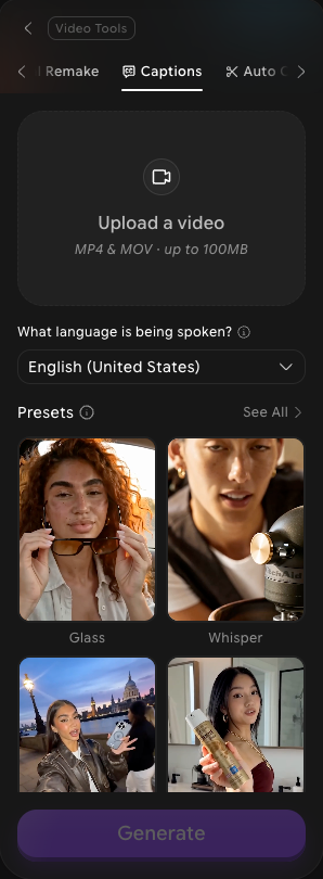 Captions panel with the Upload a video box, the What language is being spoken? dropdown, caption Presets, and the Generate button