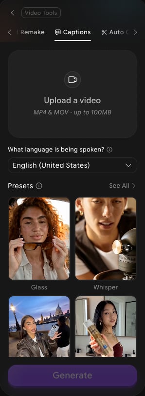 Captions panel with the Upload a video box, the What language is being spoken? dropdown, caption Presets, and the Generate button