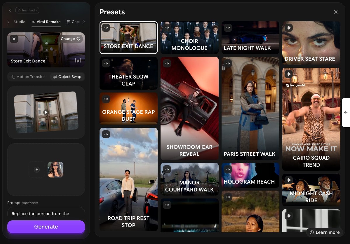 Viral Remake panel with the Store Exit Dance preset loaded, Motion Transfer and Object Swap tabs, reference video and image inputs, and the Presets panel
