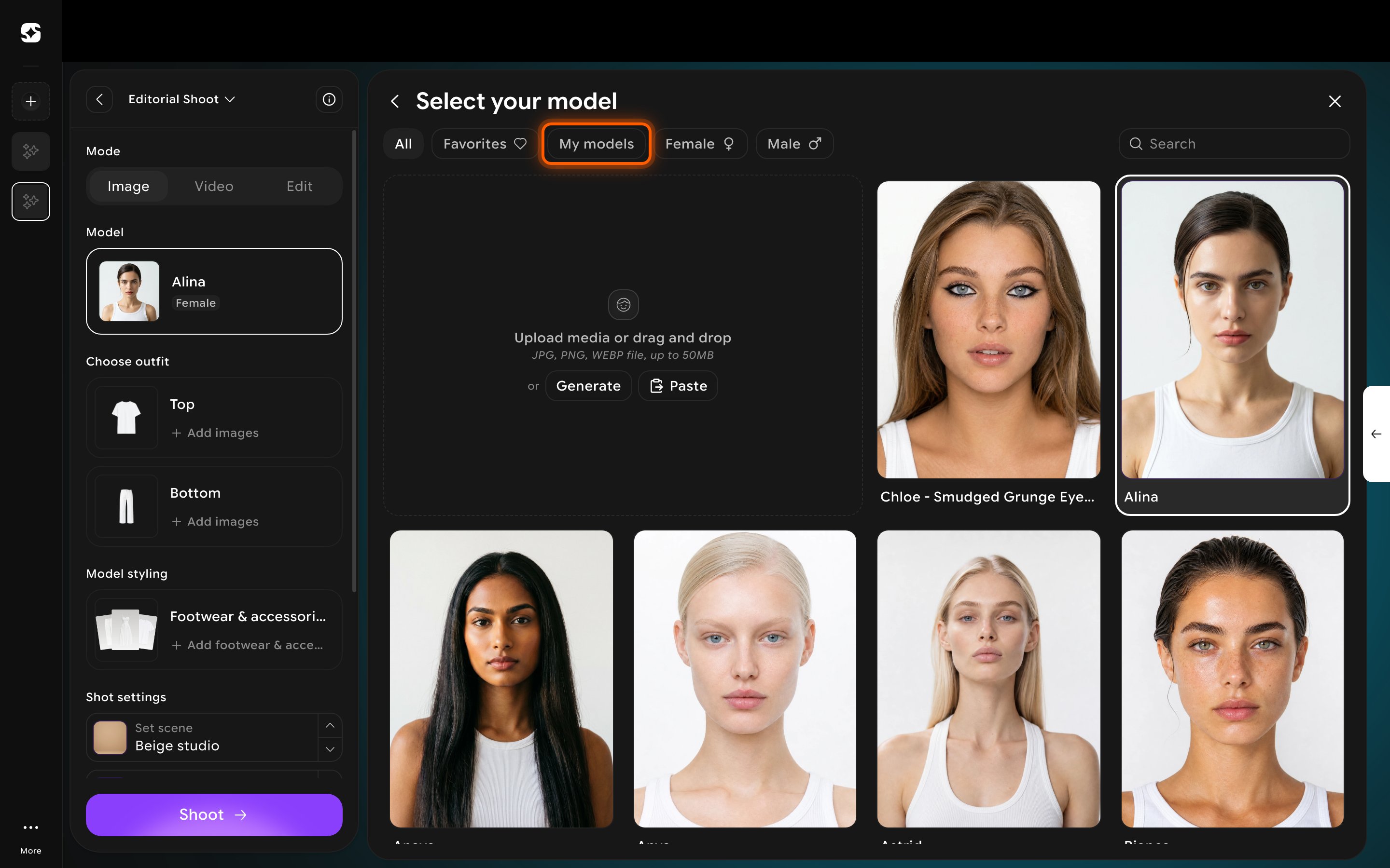 Select your model dialog showing preset models with All, Favorites, My models, Female, and Male filters plus search