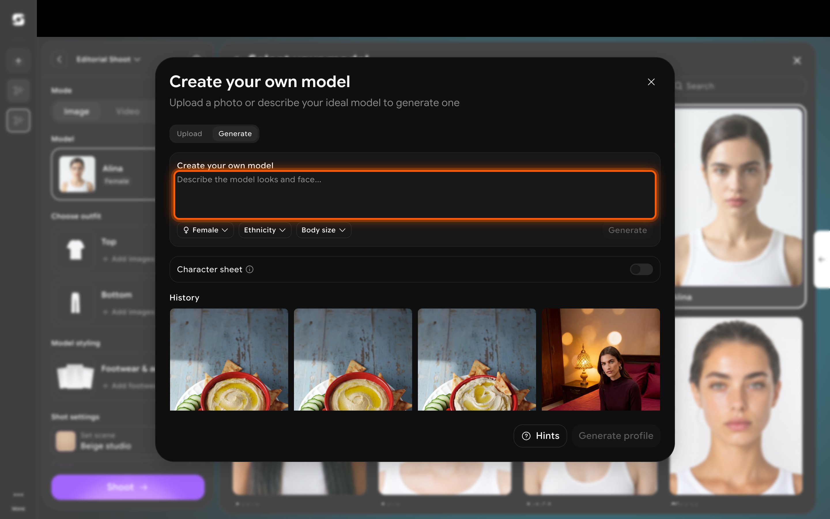 Generate tab with a model description box and Ethnicity, Body size, and Character sheet options
