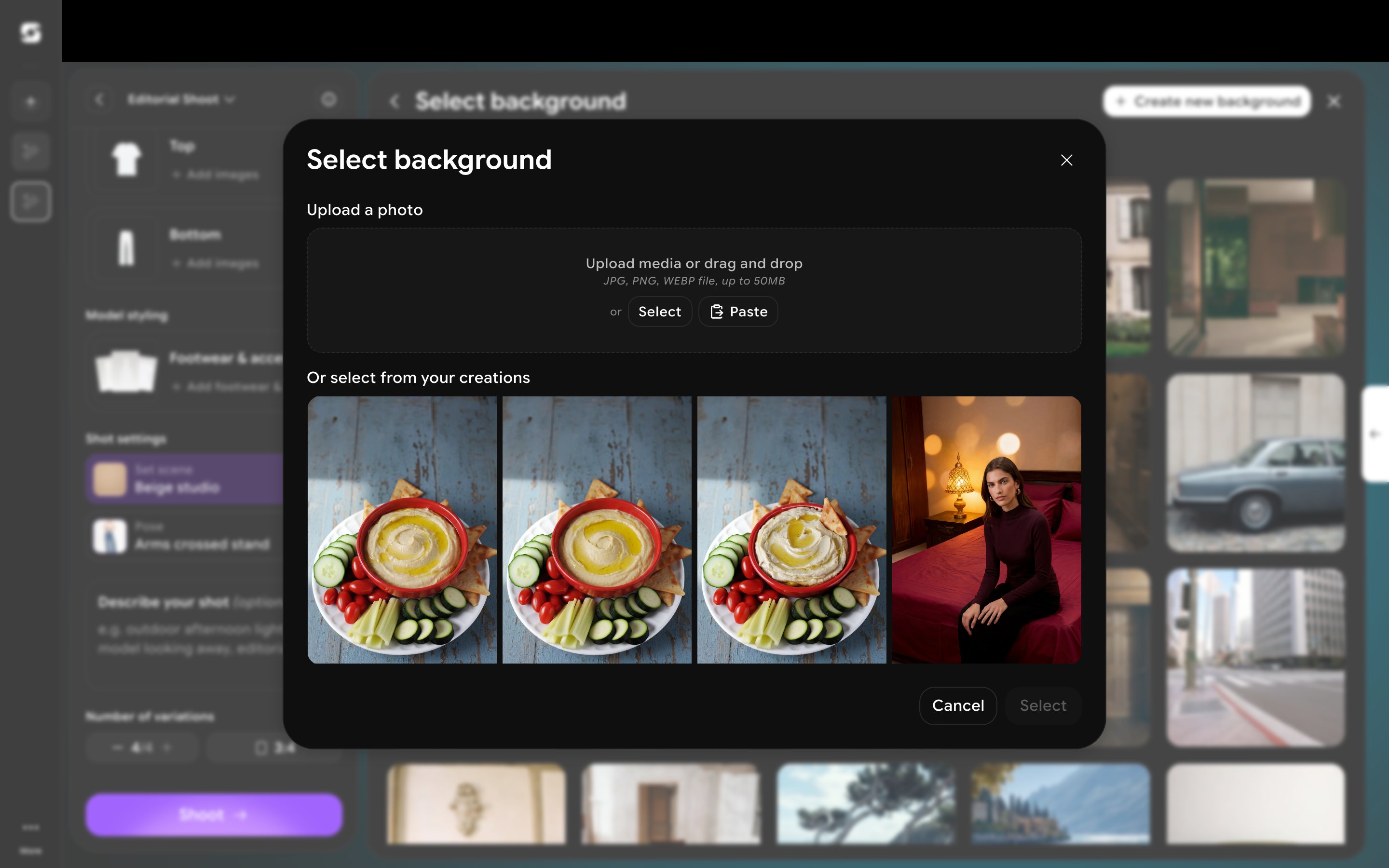 Create new background dialog for uploading a photo or selecting from your past creations