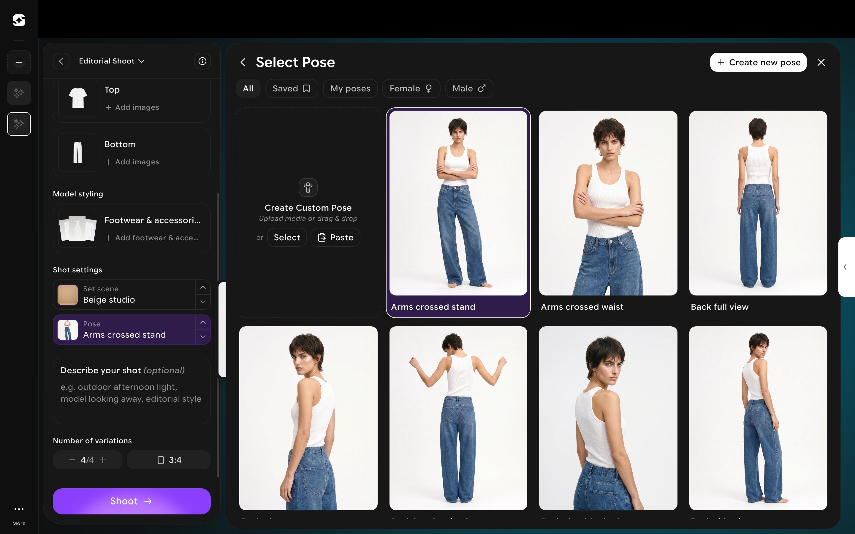 Select Pose panel showing a catalog of preset poses filterable by All, Saved, My poses, Female, and Male