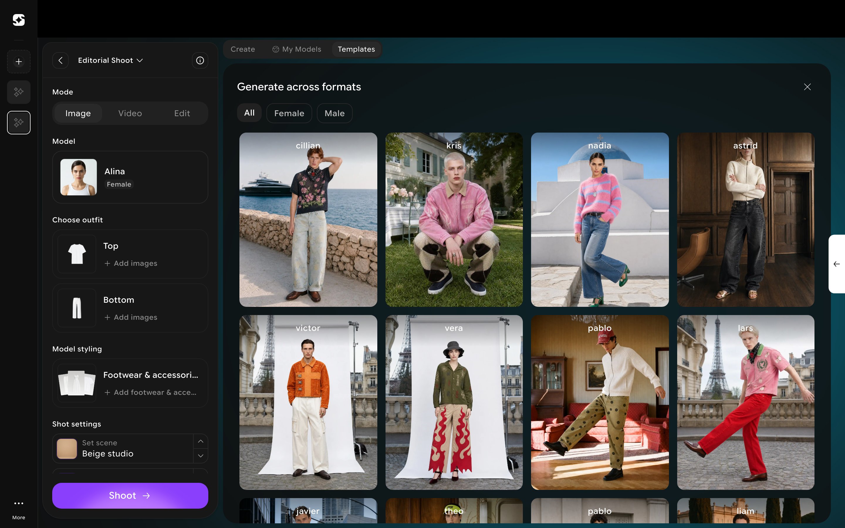 In-editor Templates tab showing a much larger gallery organized by model persona, filterable by All, Female, and Male