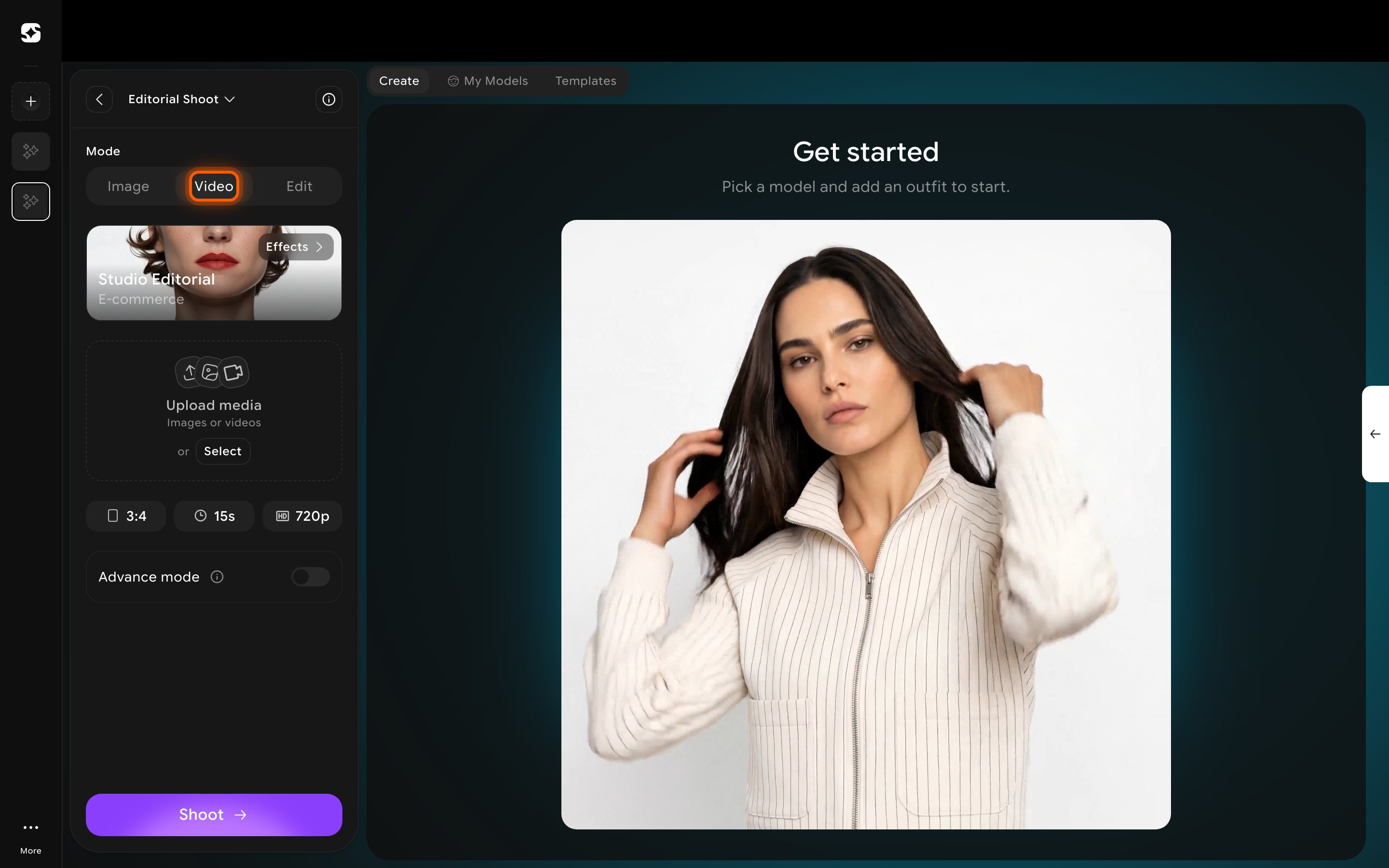 Video mode panel with Effects preset, media upload, aspect ratio, duration, resolution, and Advance mode toggle
