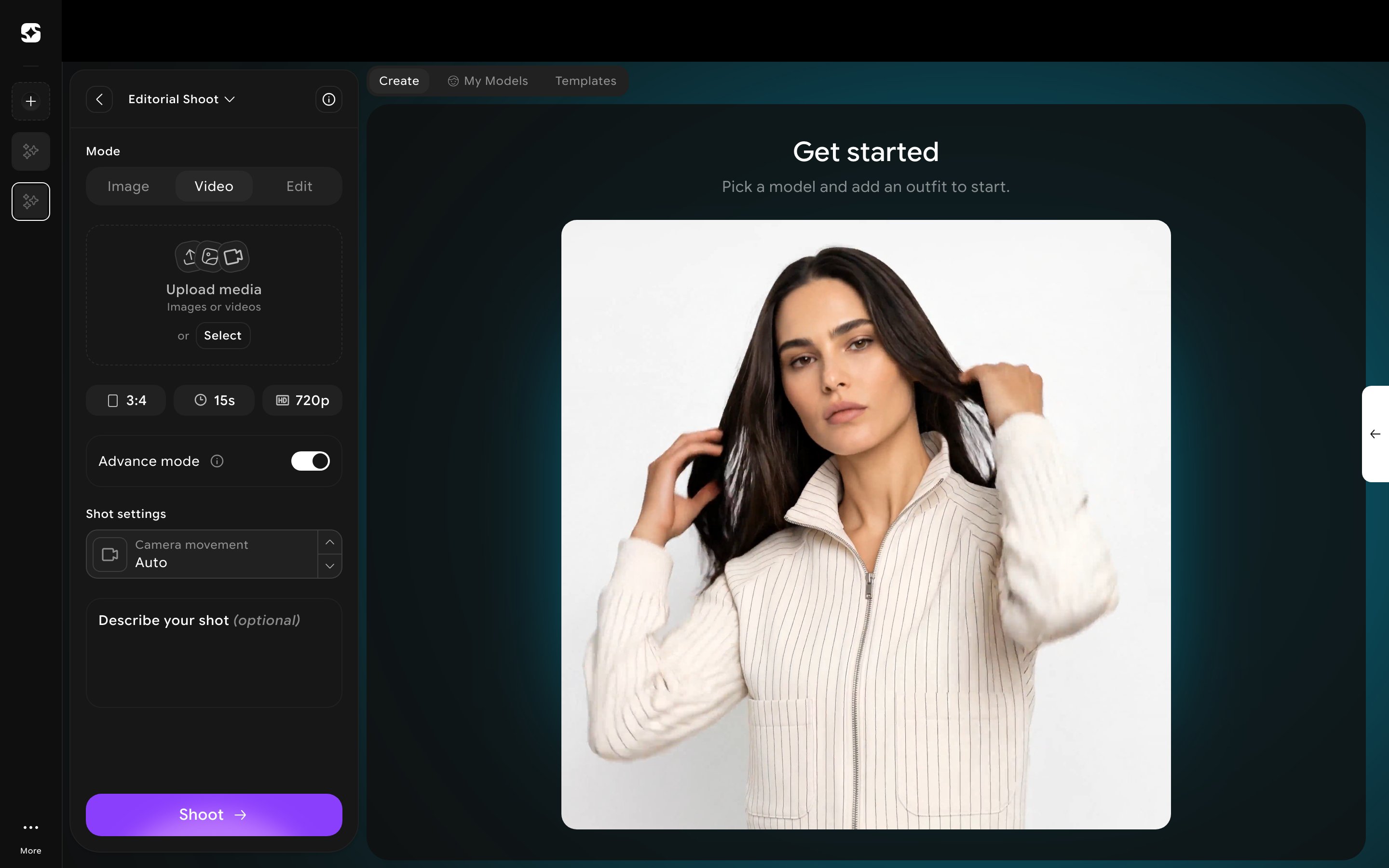 Video mode panel with Advance mode turned on, showing a Camera movement setting and a Describe your shot field