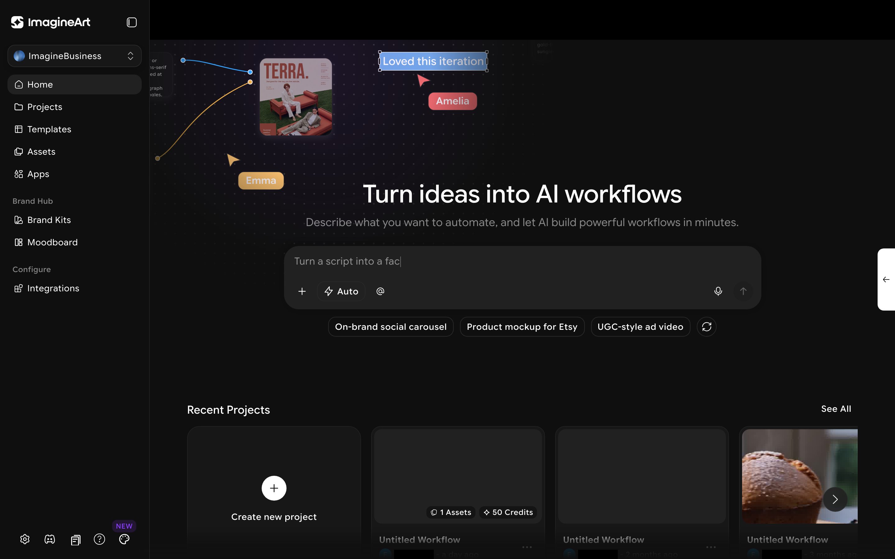 ImagineBusiness home dashboard with sidebar showing Projects, Templates, Assets, Apps, Brand Hub, and Integrations