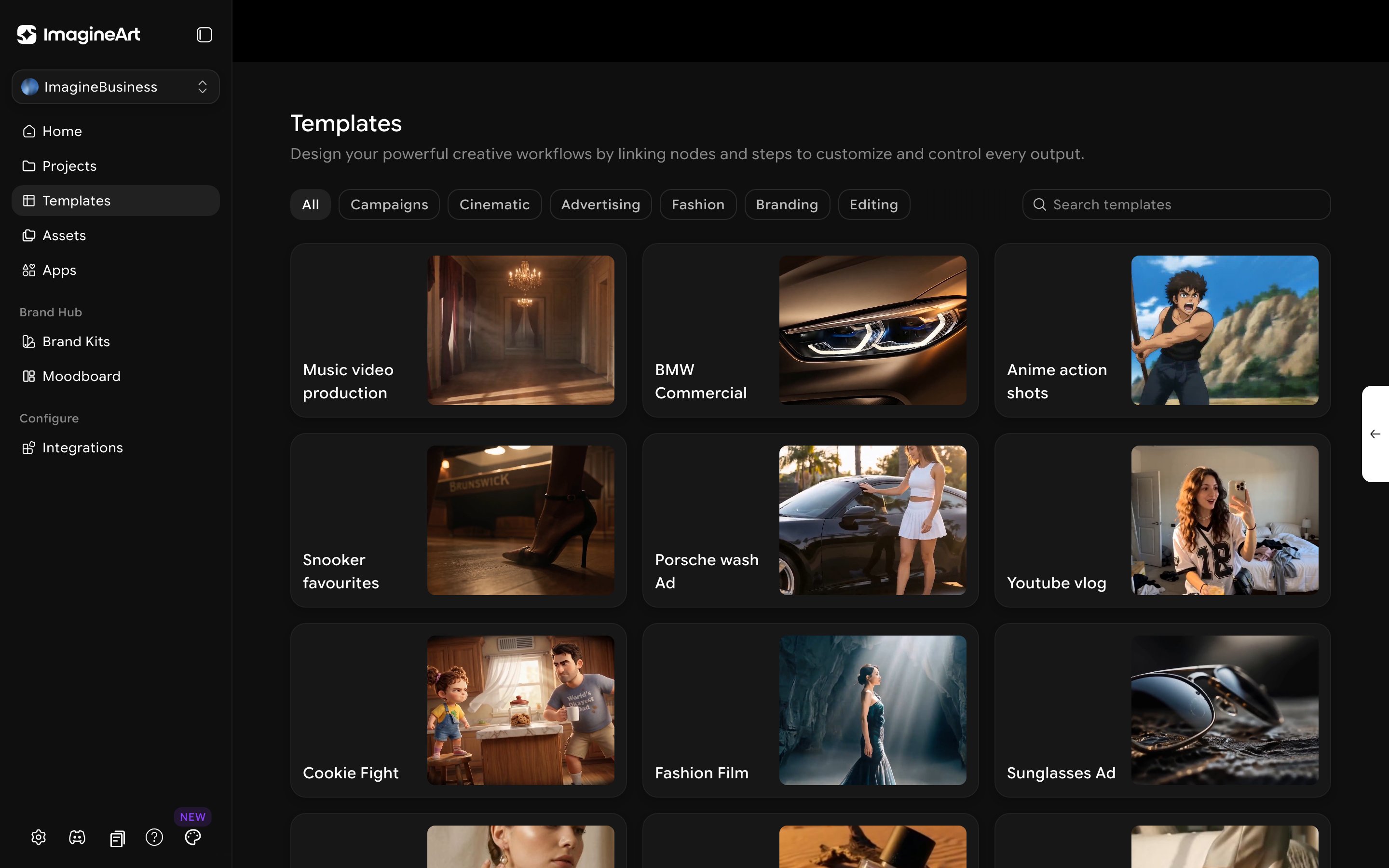 ImagineBusiness Templates gallery with pre-built workflow templates