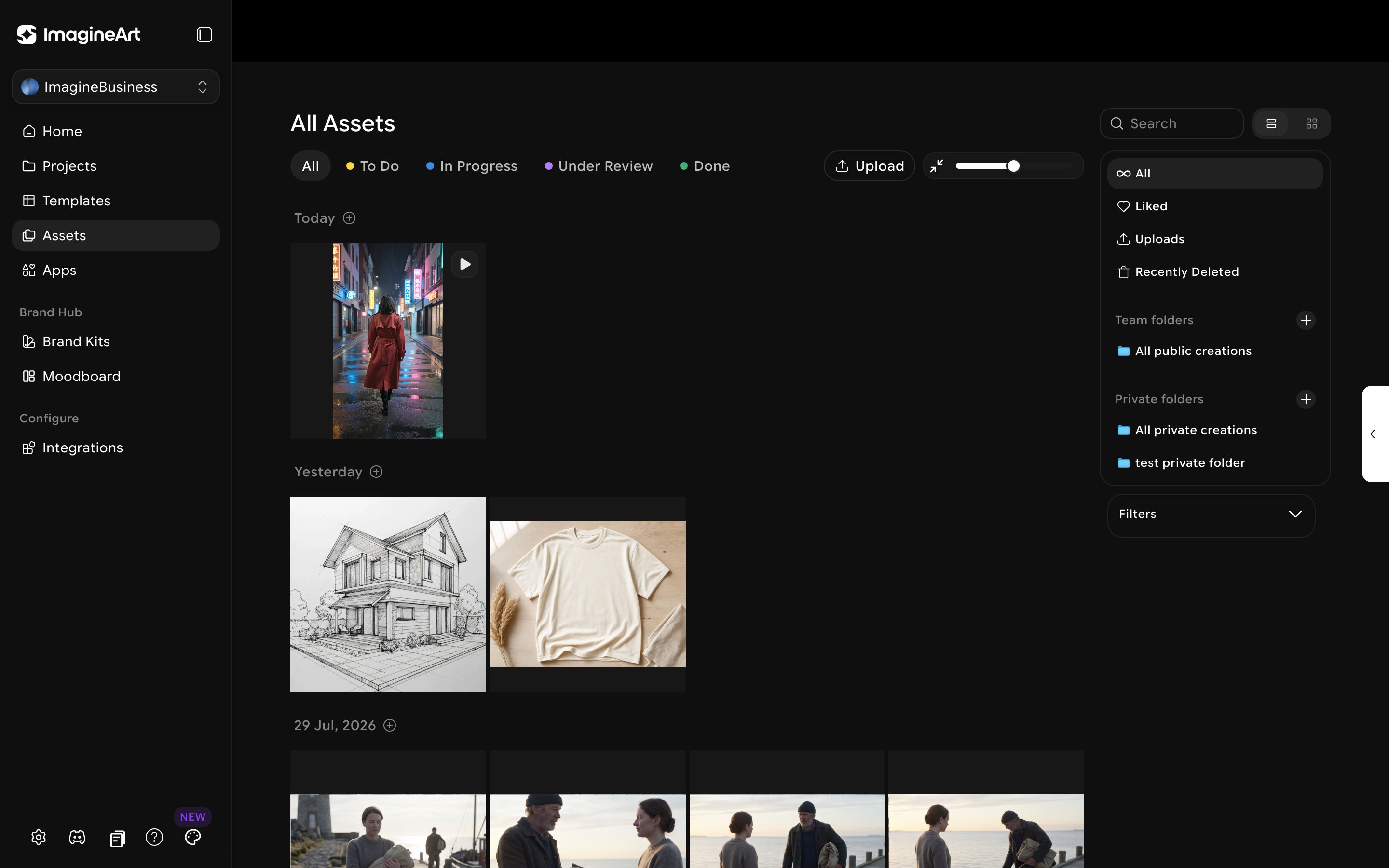 ImagineBusiness Assets view with To Do, In Progress, Under Review, and Done status columns
