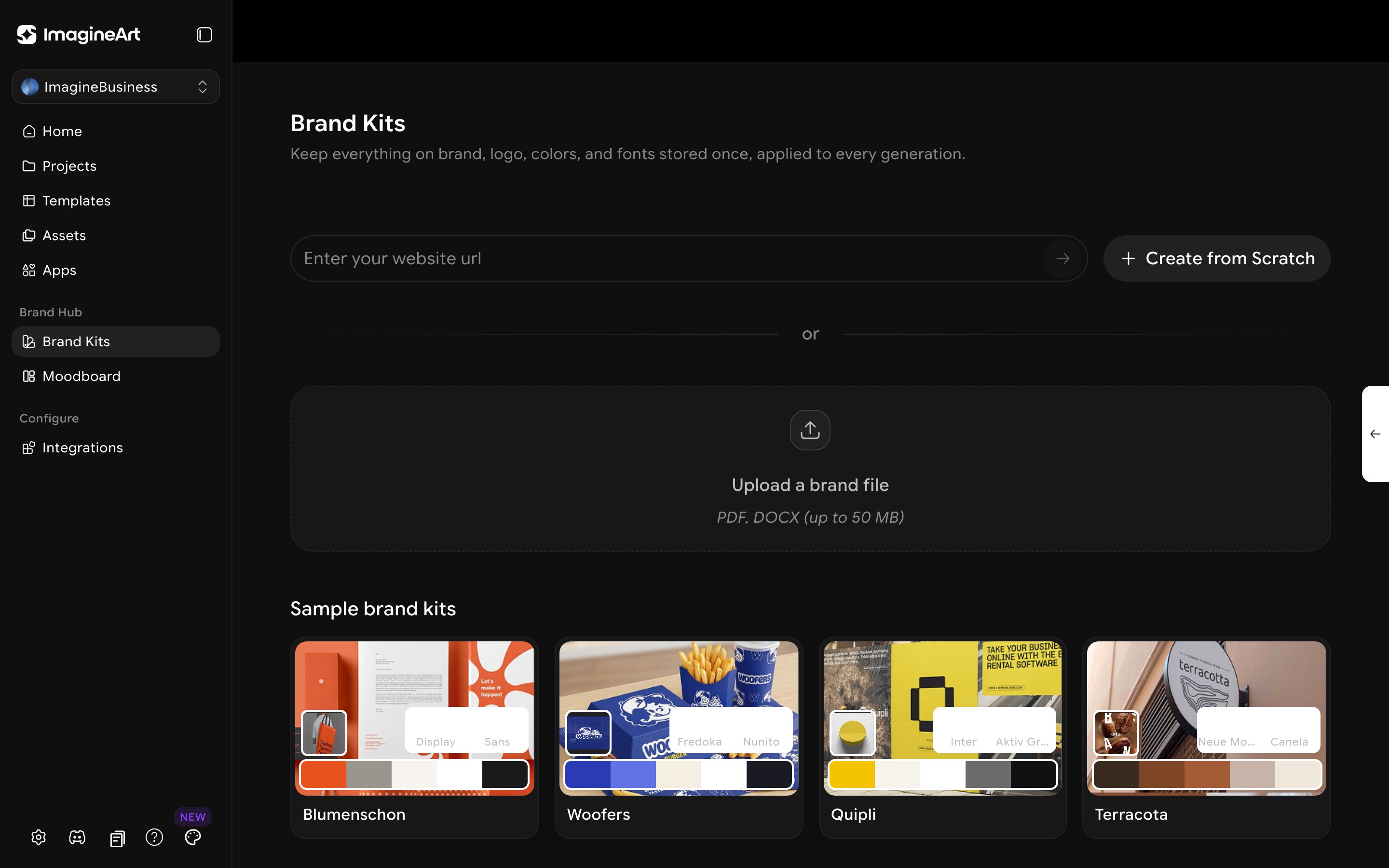 ImagineBusiness Brand Kits page for storing logo, colors, and fonts applied to every generation