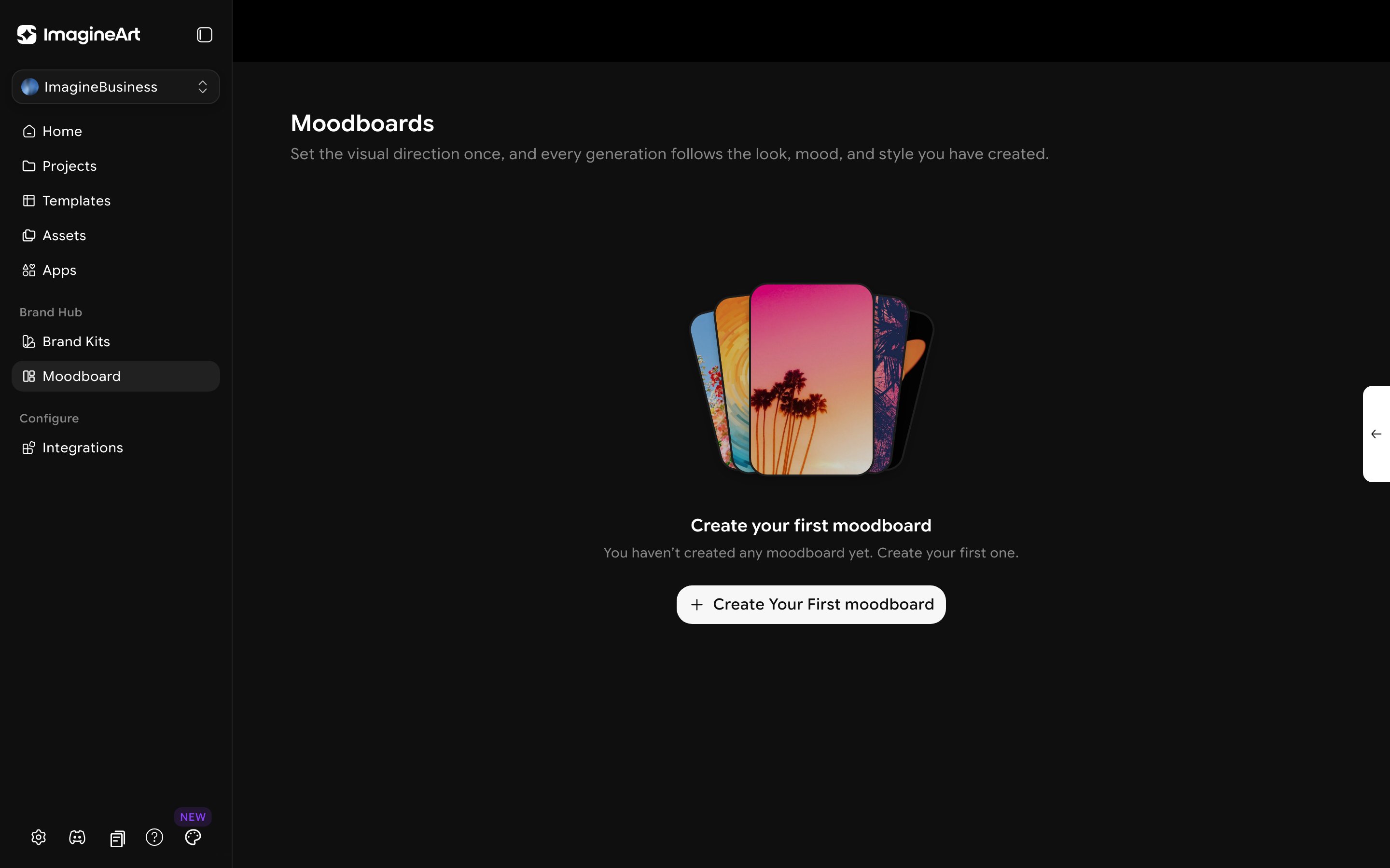 ImagineBusiness Moodboards page for setting a consistent visual direction across generations