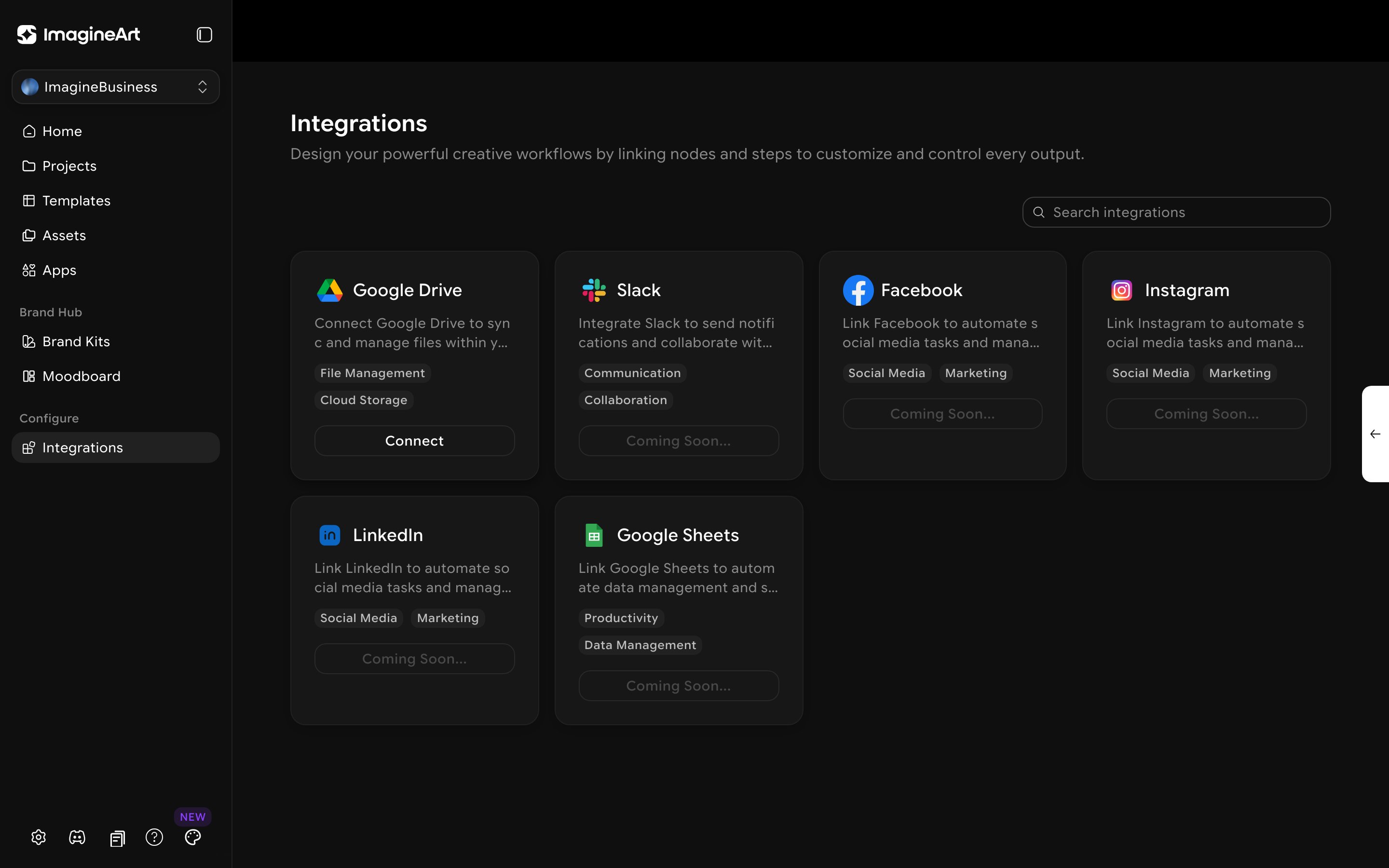 ImagineBusiness Integrations page showing Google Drive connectable now and other integrations coming soon