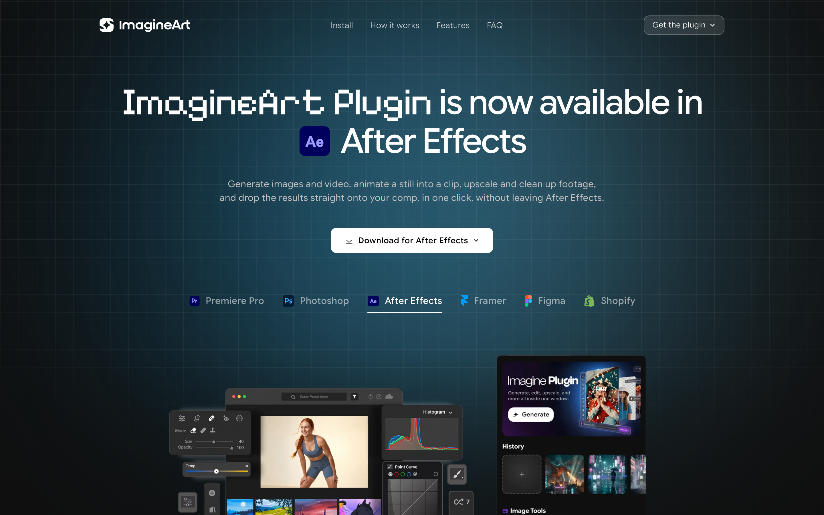 ImagineArt plugin panel docked inside After Effects, showing the generation toolkit