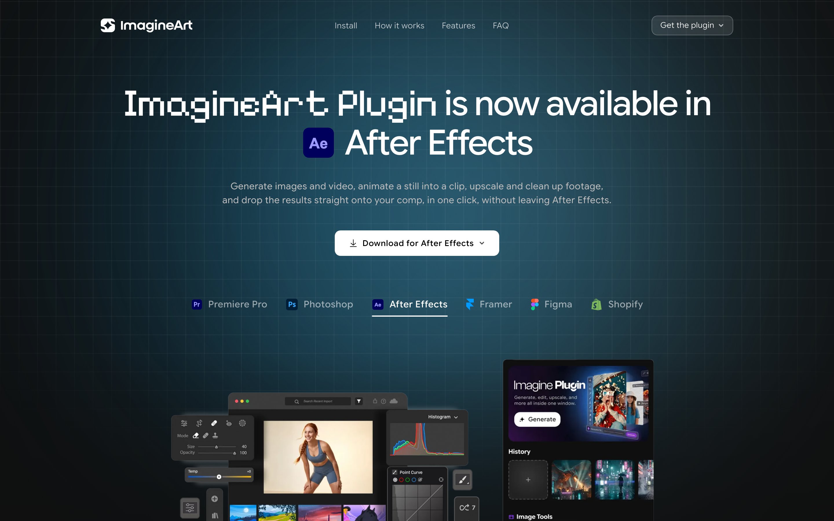 ImagineArt plugin panel docked inside After Effects, showing the generation toolkit