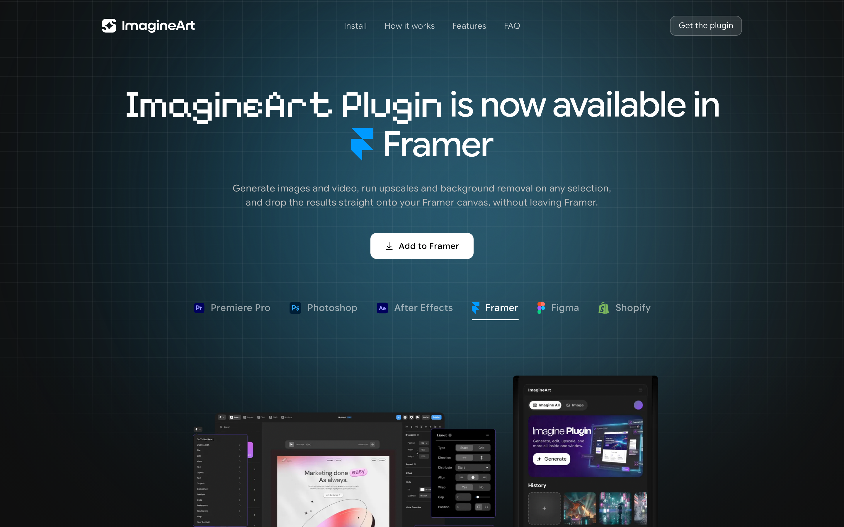 ImagineArt plugin panel running inside Framer, showing the generation toolkit