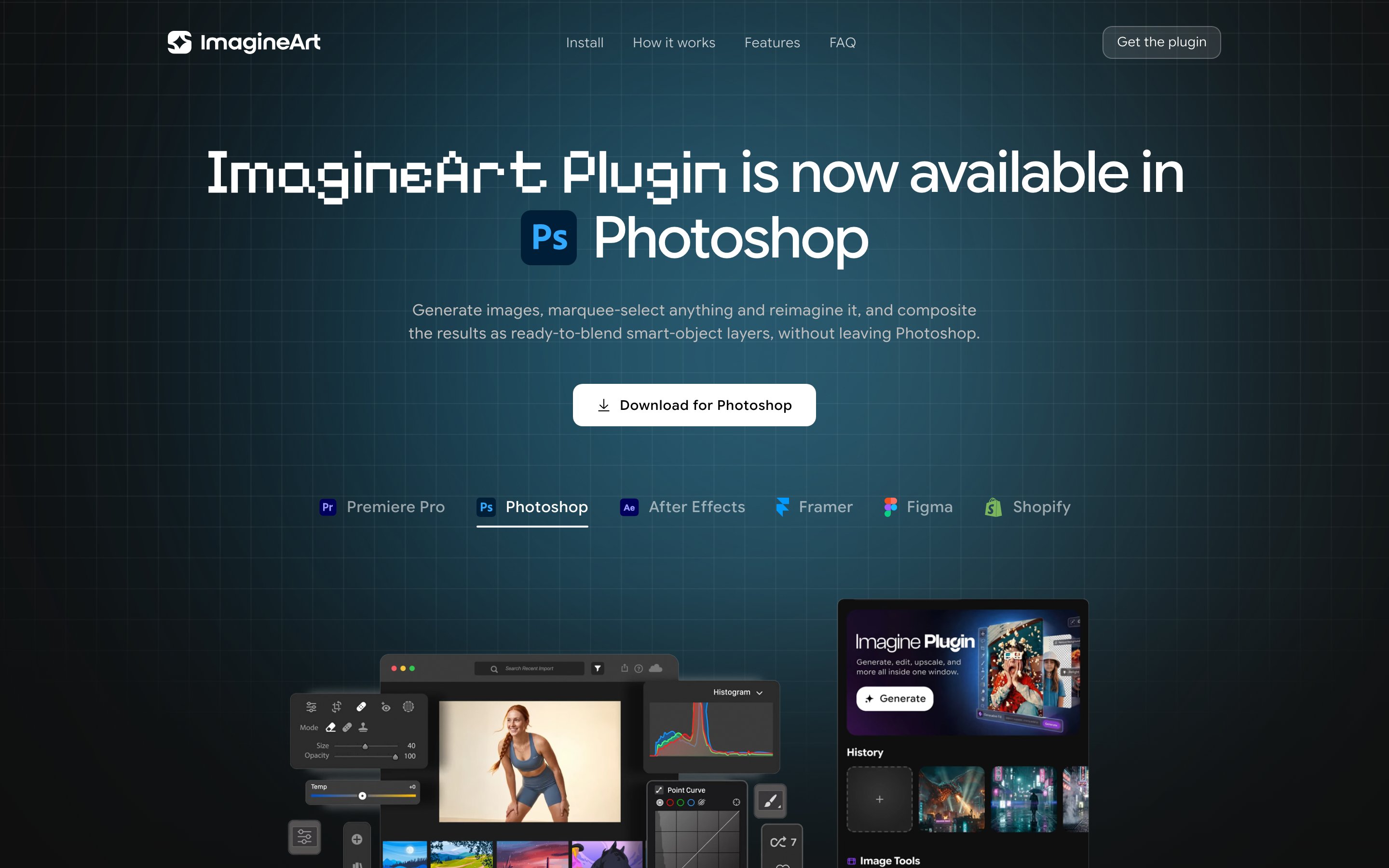 ImagineArt plugin panel docked inside Photoshop, showing image generation and the toolkit