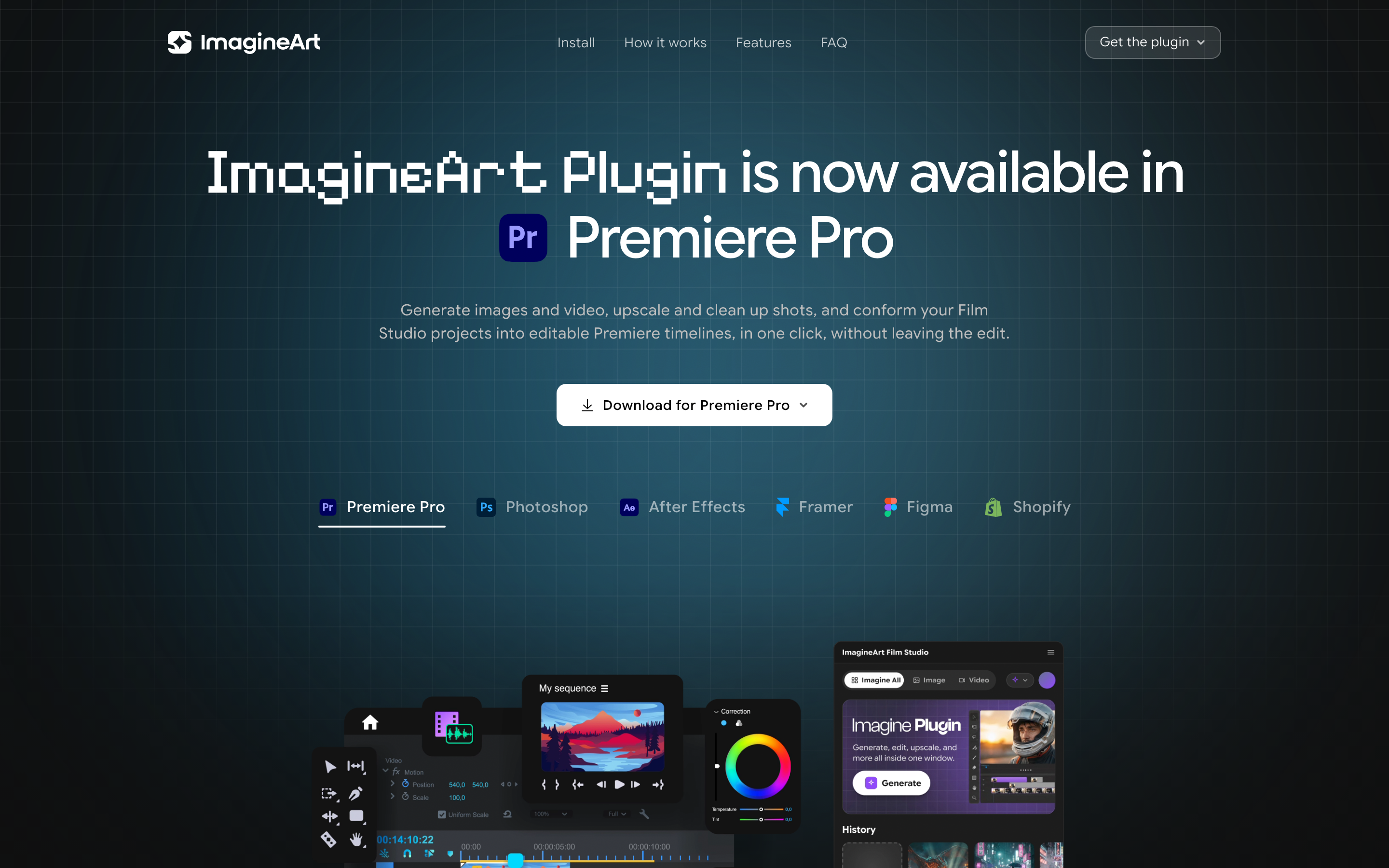 ImagineArt plugin panel docked inside Premiere Pro, showing image generation and a Film Studio timeline export
