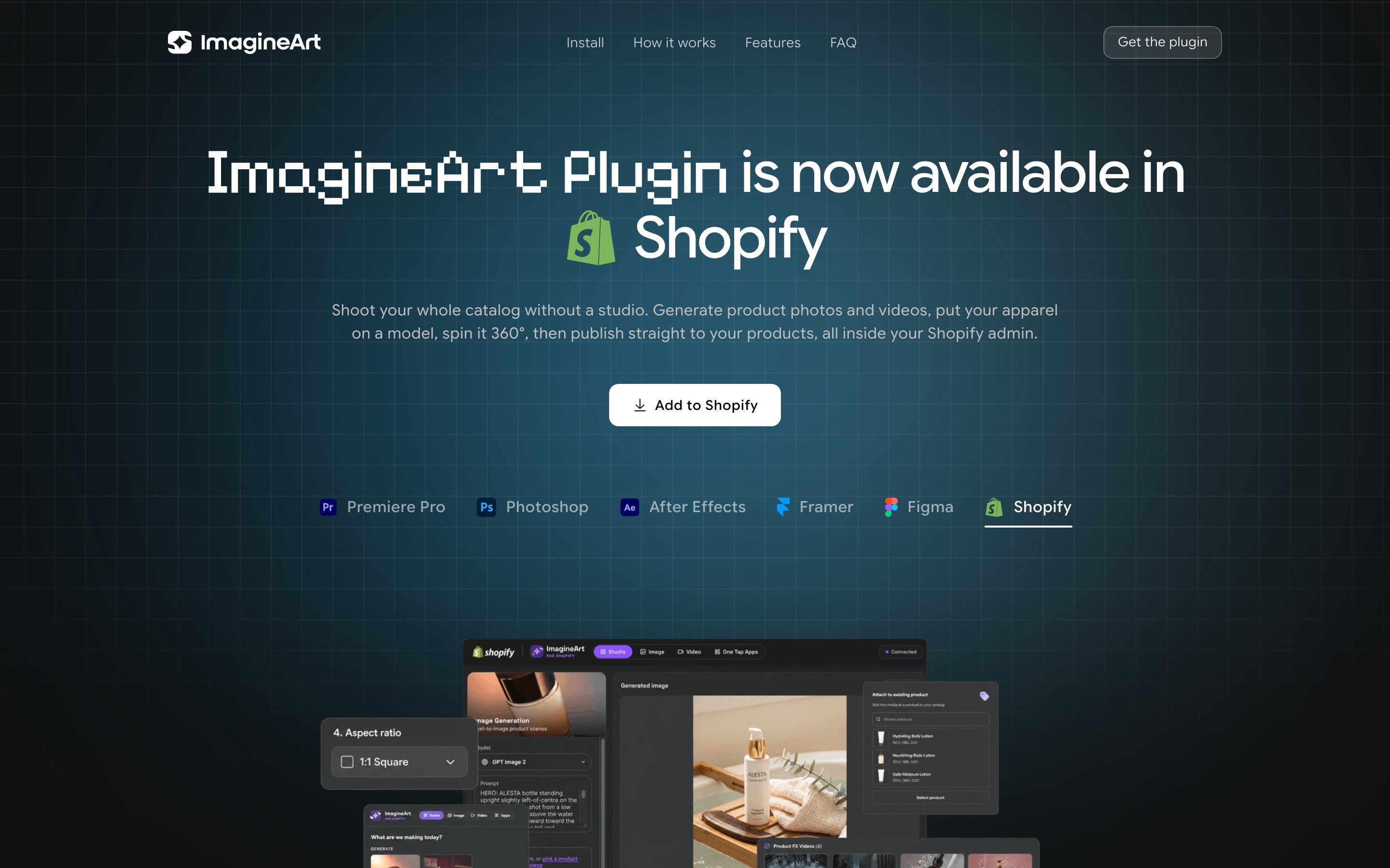 ImagineArt app embedded in the Shopify admin, showing image generation and product publishing