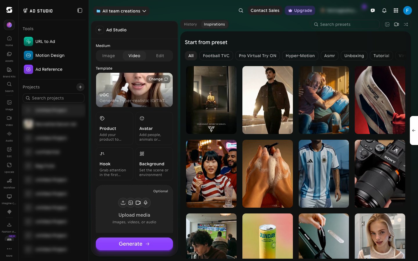 Ad Studio project workspace with the Tools and Projects sidebar and the control panel showing Medium, Template, Product, Avatar, Hook, Background, and Upload media