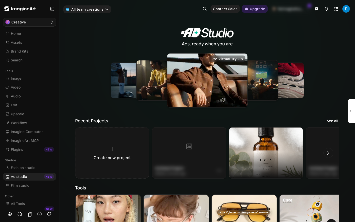 Ad Studio home with the featured ad carousel, Recent Projects row, and Create new project card