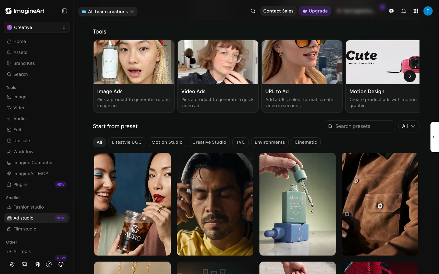 Tools row with Image Ads, Video Ads, URL to Ad, and Motion Design cards above the Start from preset gallery