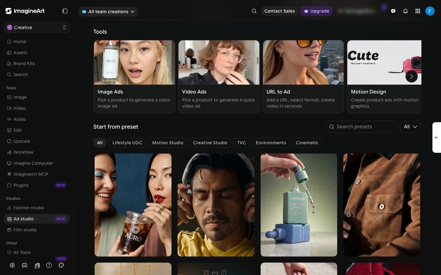 Tools row with Image Ads, Video Ads, URL to Ad, and Motion Design cards above the Start from preset gallery