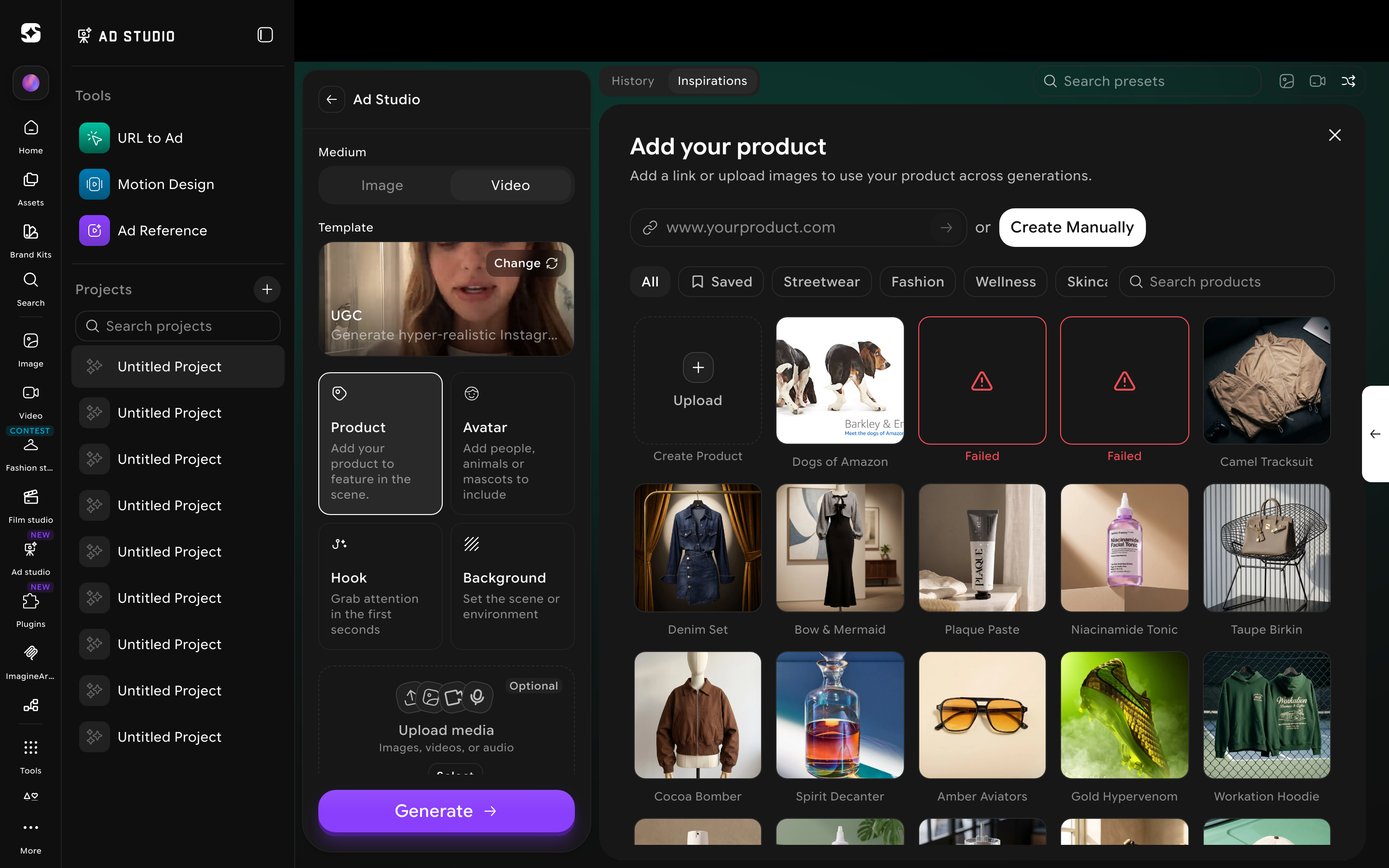 Product picker showing preset product categories, a URL field, and Create Manually