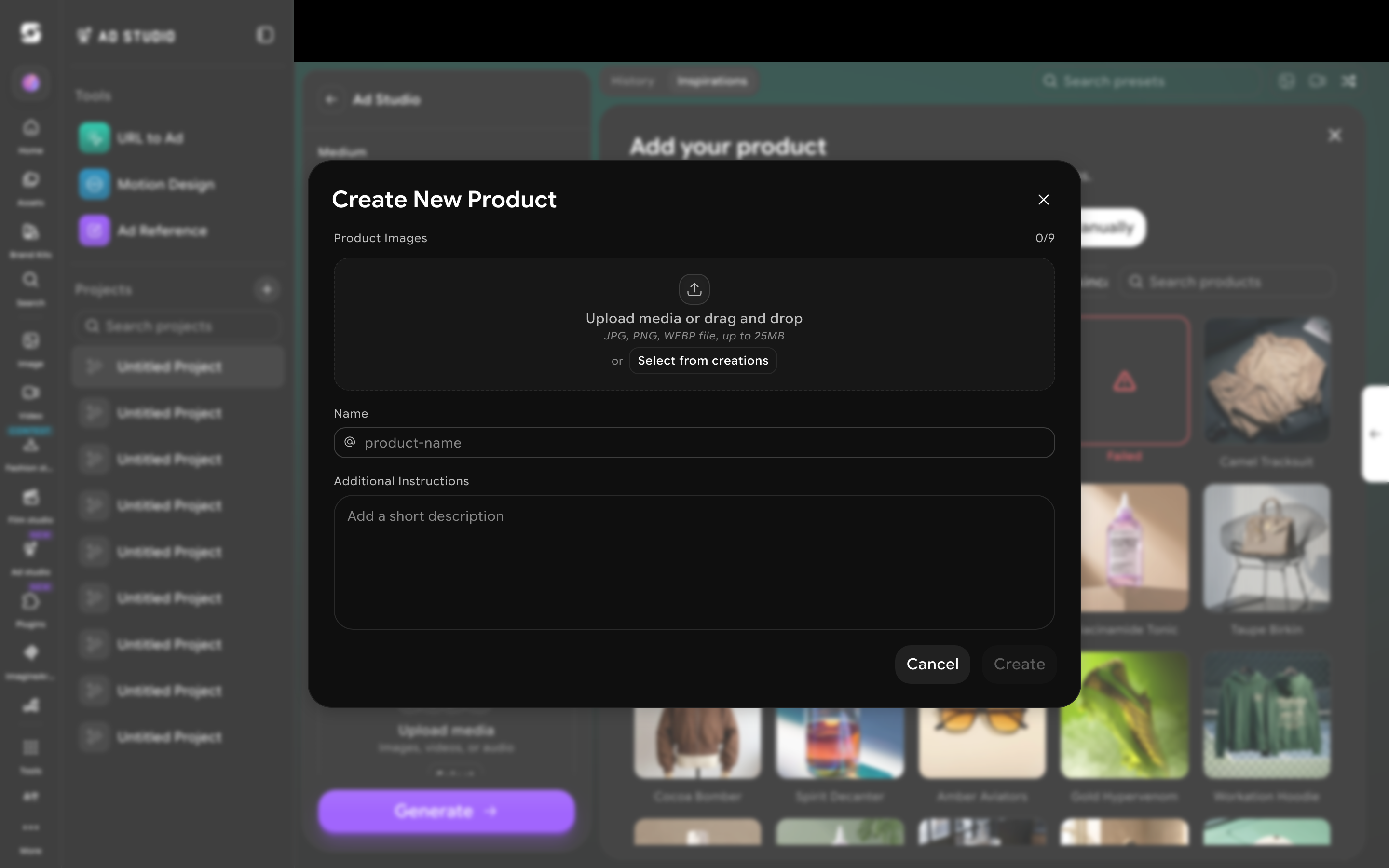 Create Product form with image upload, name field, and additional instructions