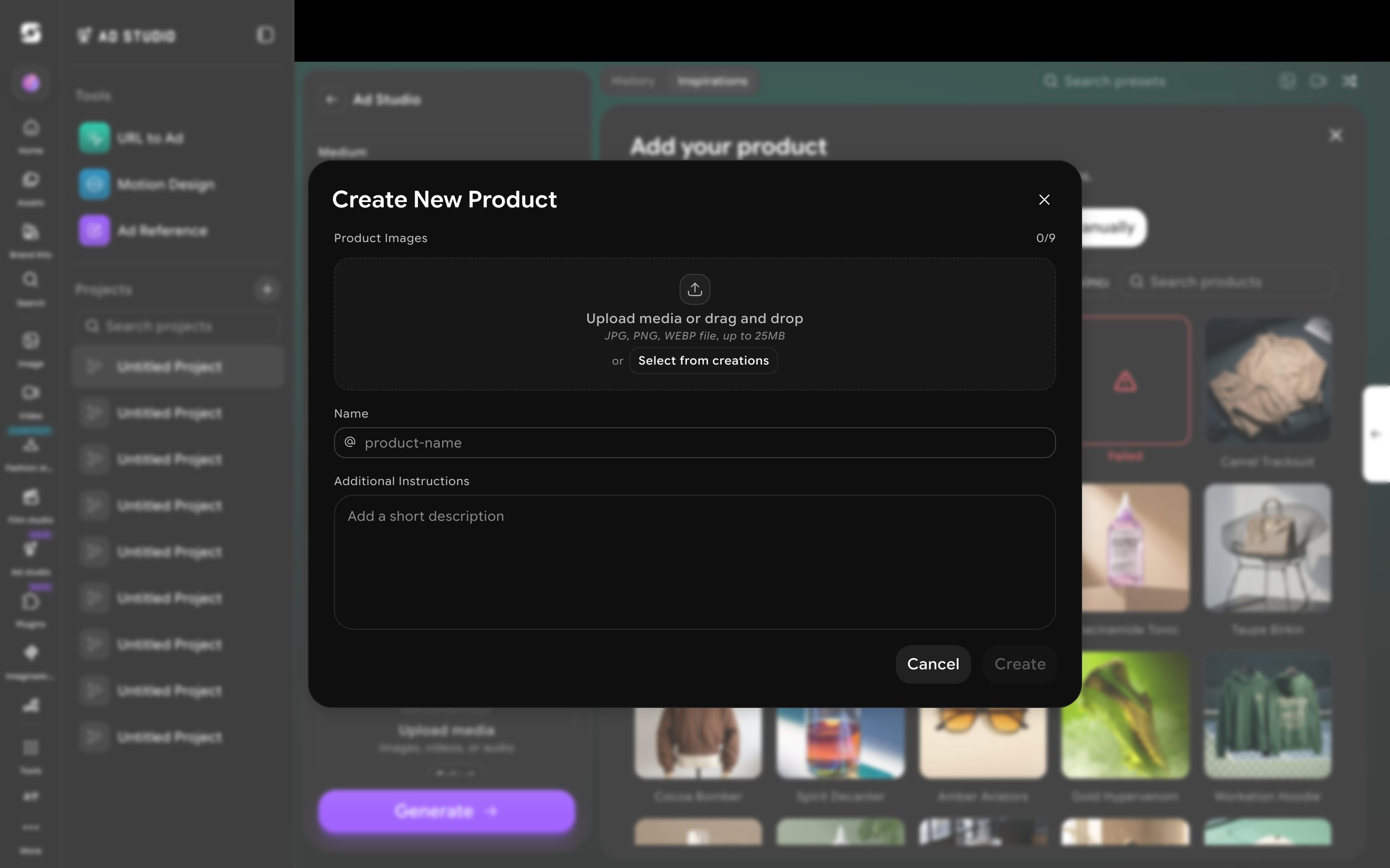 Create Product form with image upload, name field, and additional instructions