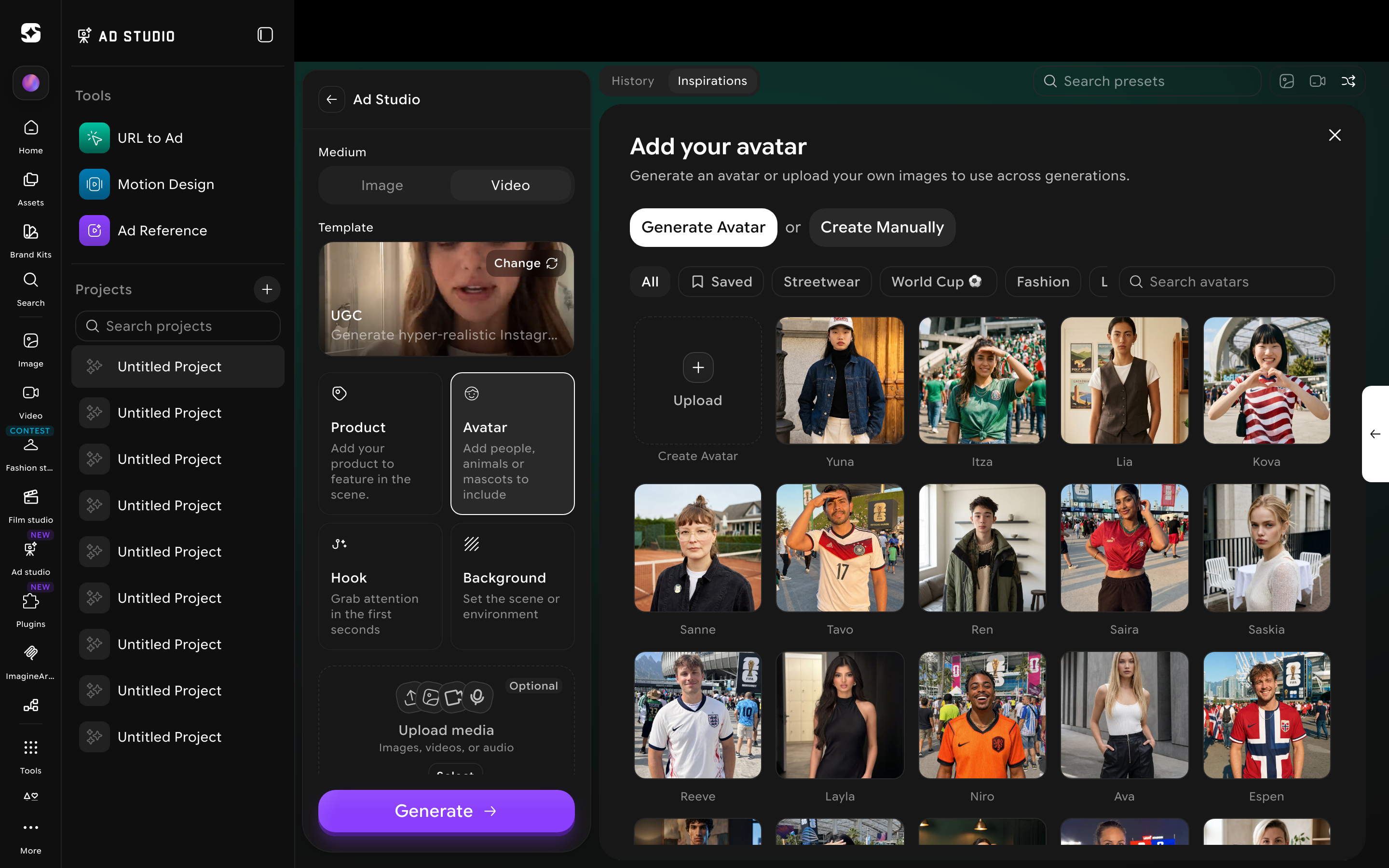 Avatar picker showing preset avatar categories, Generate Avatar, and Create Manually