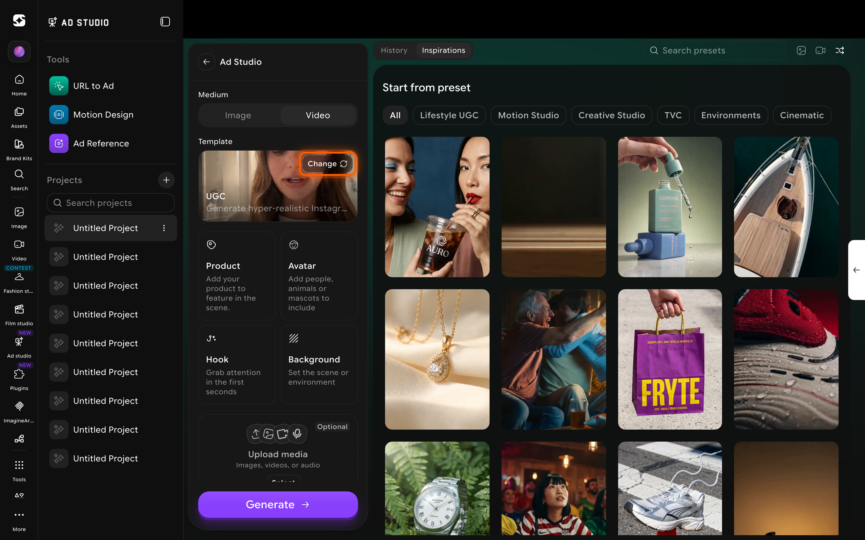 Ad Studio control panel showing Medium, Template, Product, Avatar, Hook, Background, prompt, and output settings
