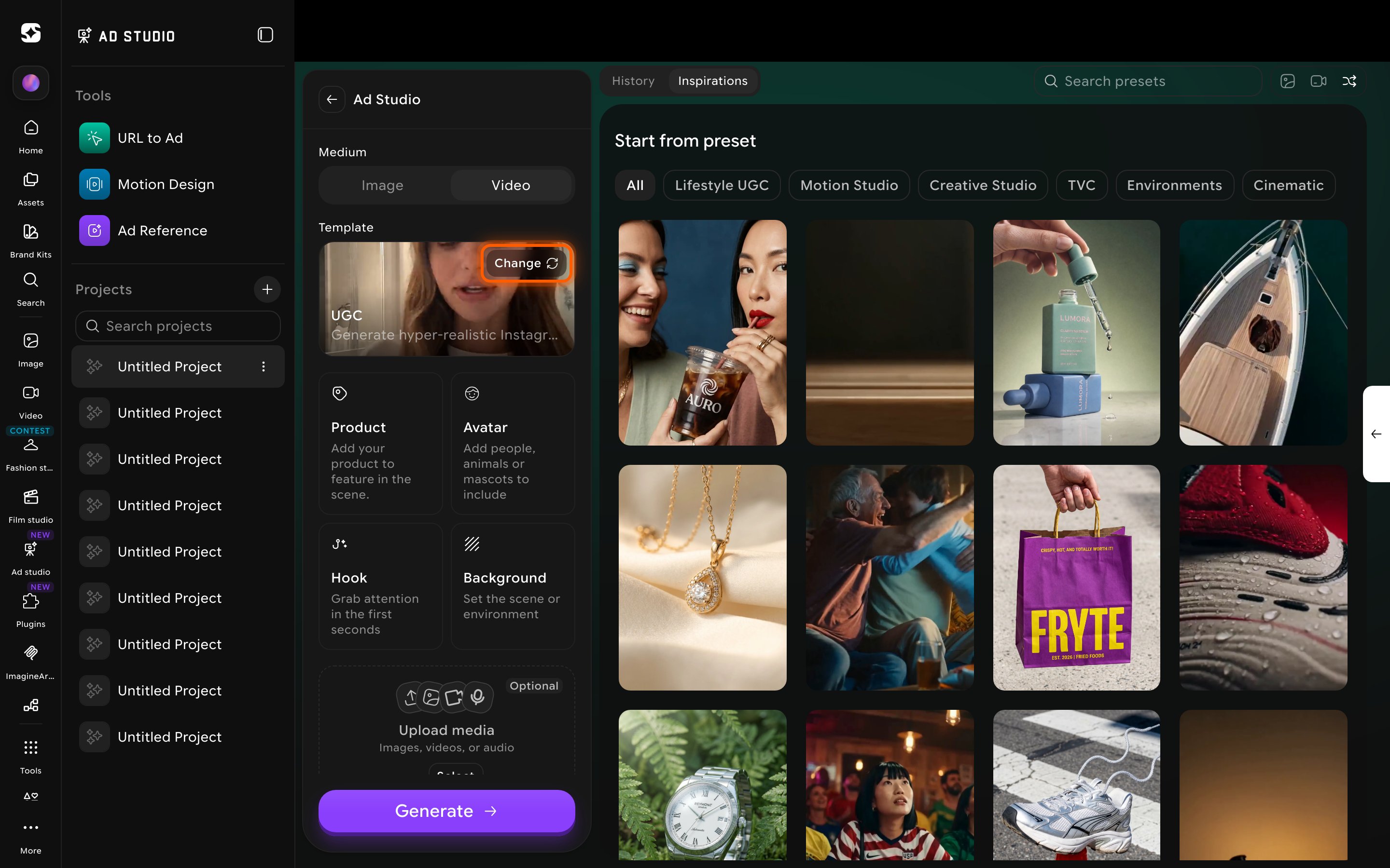 Ad Studio control panel showing Medium, Template, Product, Avatar, Hook, Background, prompt, and output settings