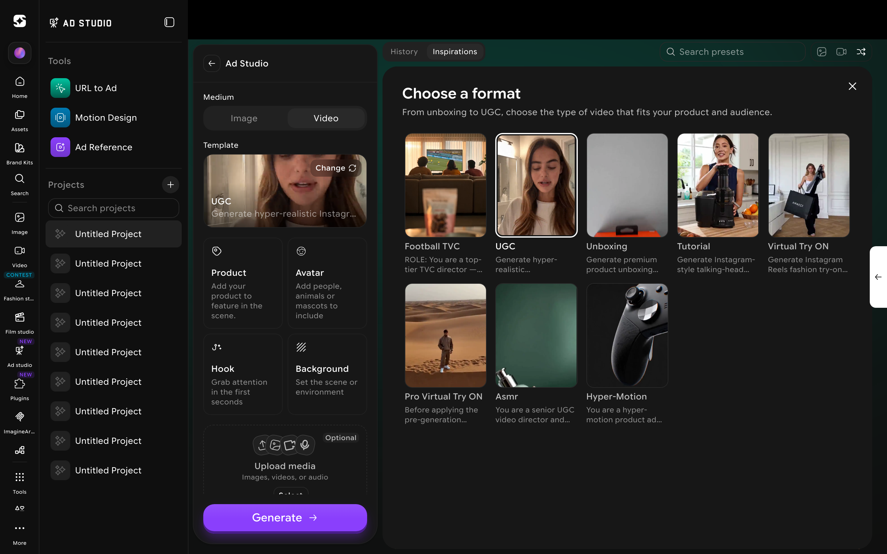 Choose a format grid showing all 8 real ad formats with descriptions
